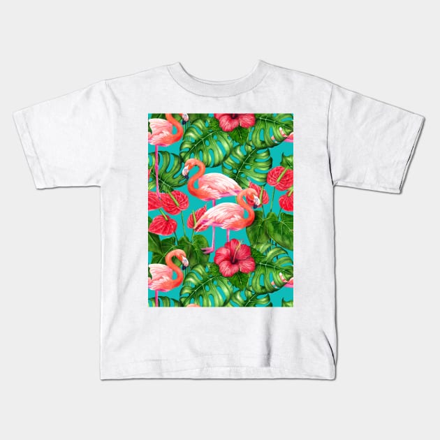 Flamingo birds and tropical garden watercolor Kids T-Shirt by katerinamk